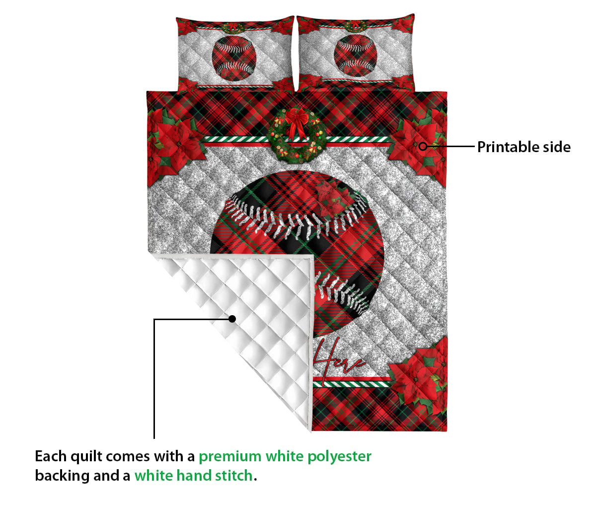 Ohaprints-Quilt-Bed-Set-Pillowcase-Christmas-Red-Plaid-Baseball-Christmas-Holiday-Custom-Personalized-Name-Blanket-Bedspread-Bedding-3230-Queen (80'' x 90'')