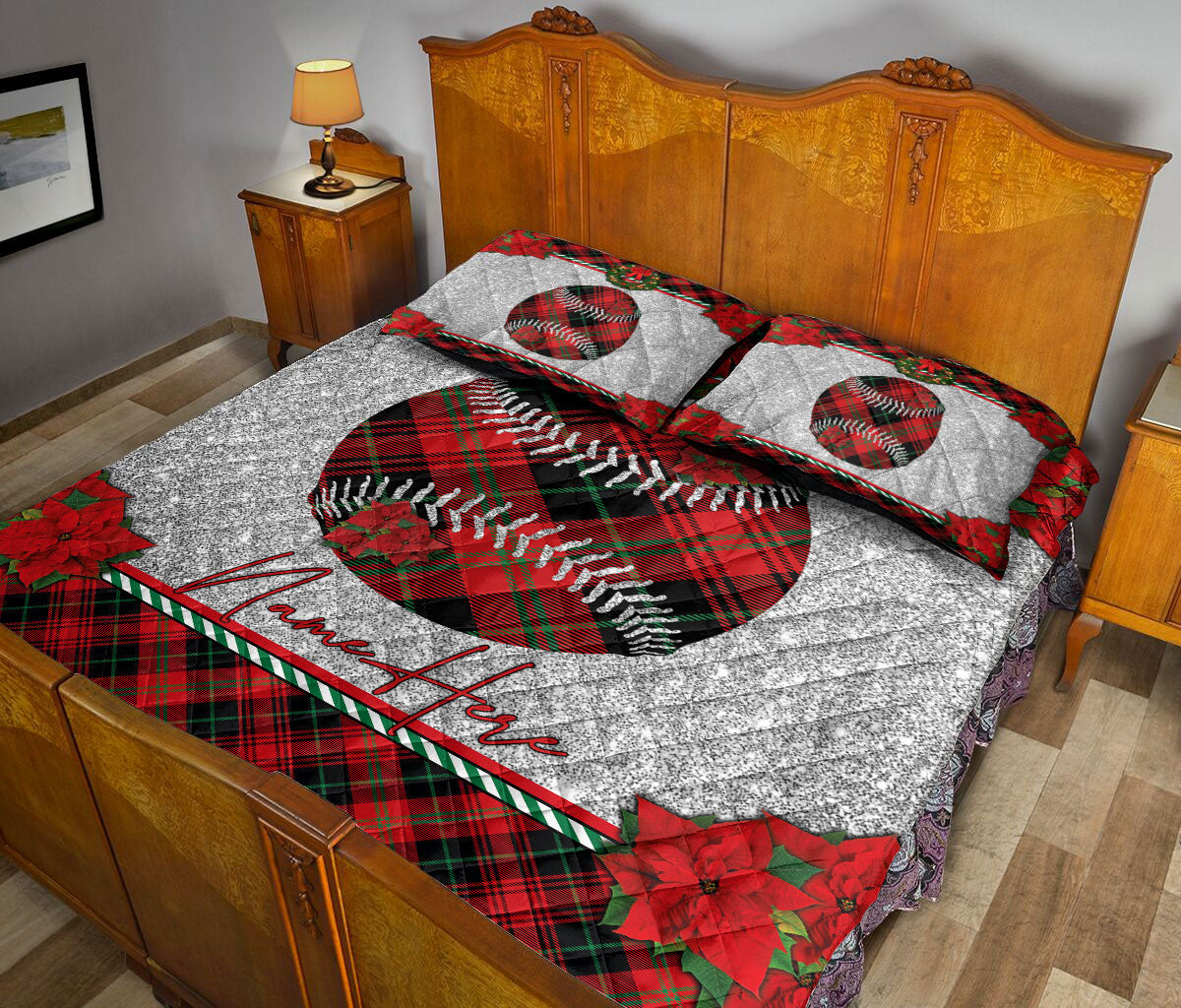 Ohaprints-Quilt-Bed-Set-Pillowcase-Christmas-Red-Plaid-Baseball-Christmas-Holiday-Custom-Personalized-Name-Blanket-Bedspread-Bedding-3230-King (90'' x 100'')