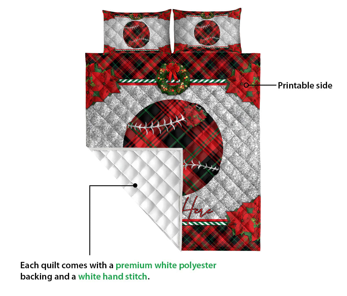 Ohaprints-Quilt-Bed-Set-Pillowcase-Christmas-Red-Plaid-Softball-Christmas-Holiday-Custom-Personalized-Name-Blanket-Bedspread-Bedding-3121-Queen (80'' x 90'')