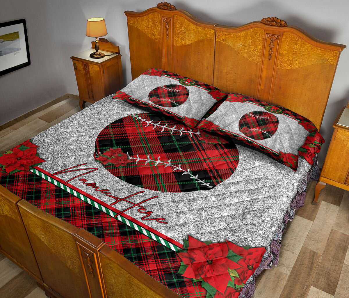 Ohaprints-Quilt-Bed-Set-Pillowcase-Christmas-Red-Plaid-Softball-Christmas-Holiday-Custom-Personalized-Name-Blanket-Bedspread-Bedding-3121-King (90'' x 100'')