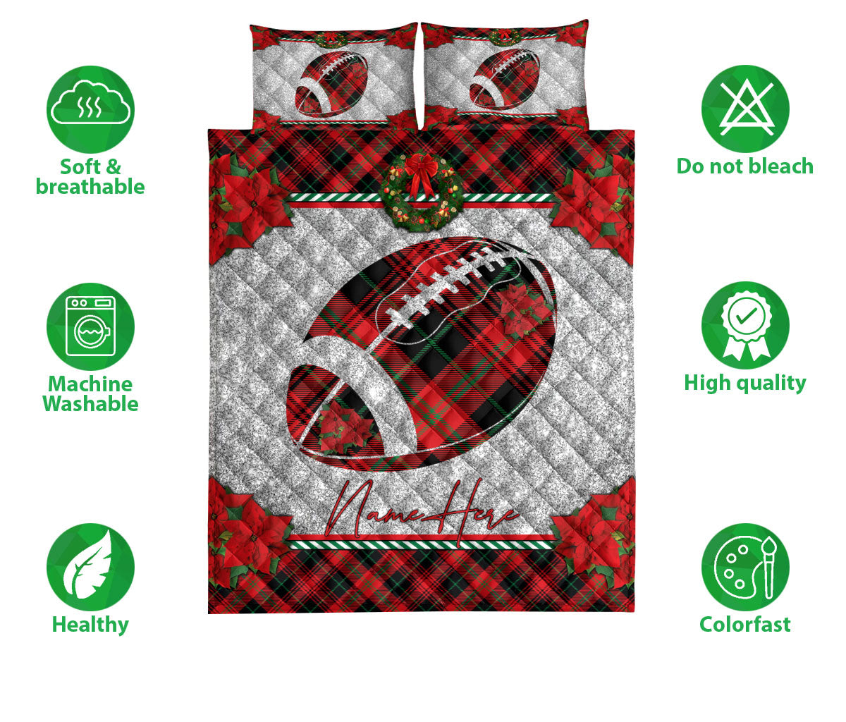 Ohaprints-Quilt-Bed-Set-Pillowcase-Christmas-Red-Plaid-American-Football-Xmas-Holiday-Custom-Personalized-Name-Blanket-Bedspread-Bedding-3167-Double (70'' x 80'')