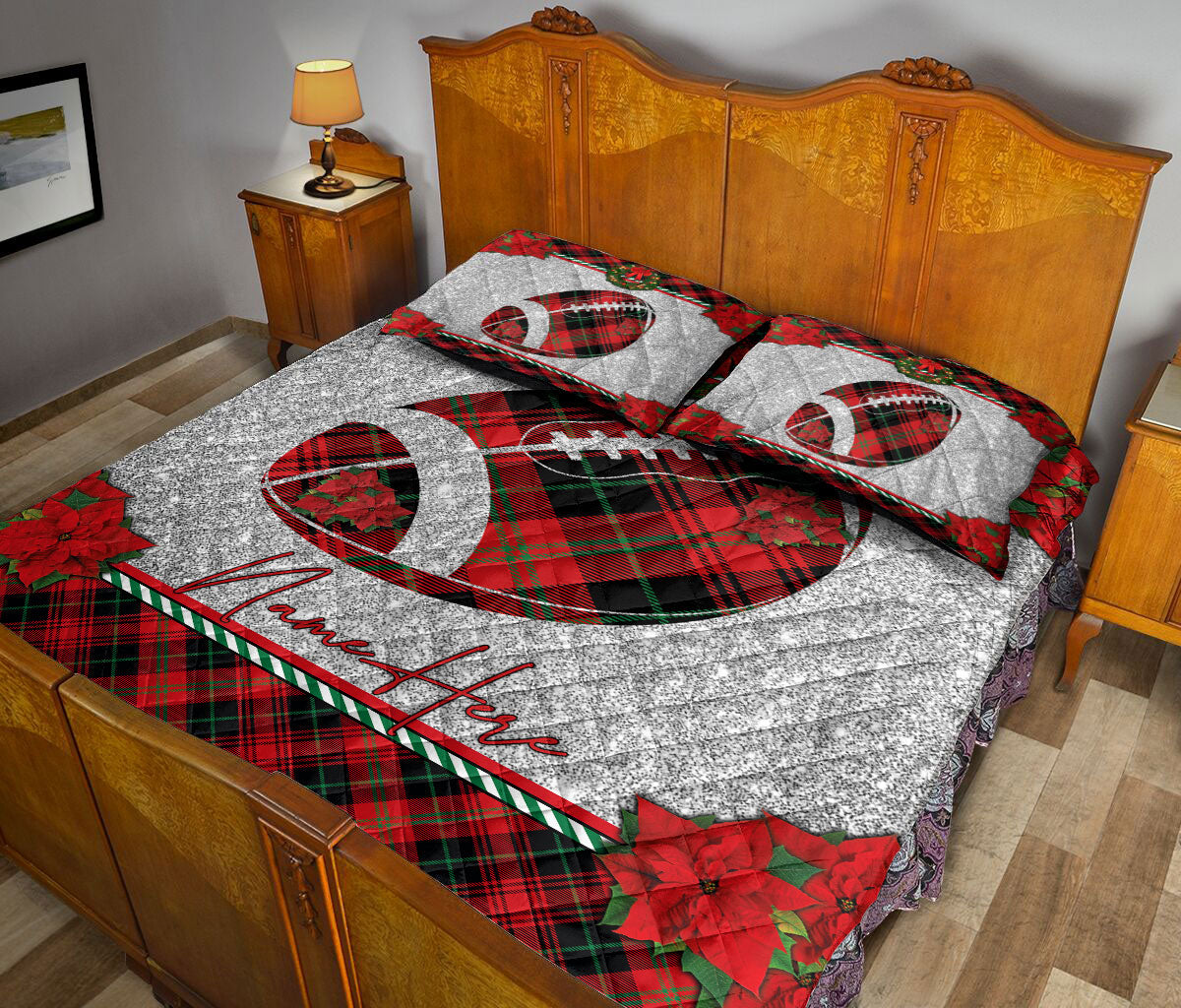 Ohaprints-Quilt-Bed-Set-Pillowcase-Christmas-Red-Plaid-American-Football-Xmas-Holiday-Custom-Personalized-Name-Blanket-Bedspread-Bedding-3167-King (90'' x 100'')