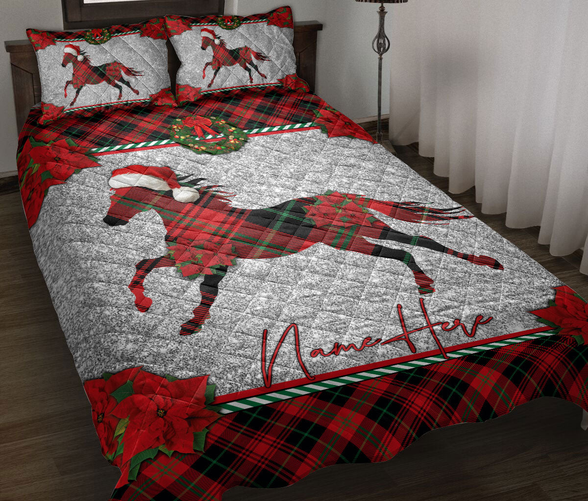 Ohaprints-Quilt-Bed-Set-Pillowcase-Christmas-Red-Plaid-Horse-Santa-Hat-Custom-Personalized-Name-Blanket-Bedspread-Bedding-3637-Throw (55'' x 60'')