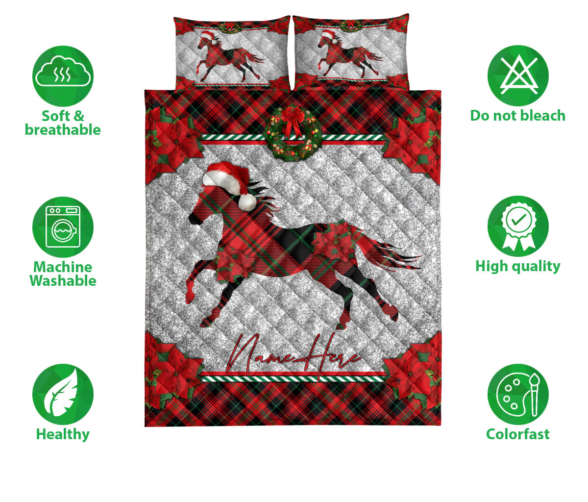 Ohaprints-Quilt-Bed-Set-Pillowcase-Christmas-Red-Plaid-Horse-Santa-Hat-Custom-Personalized-Name-Blanket-Bedspread-Bedding-3637-Double (70'' x 80'')