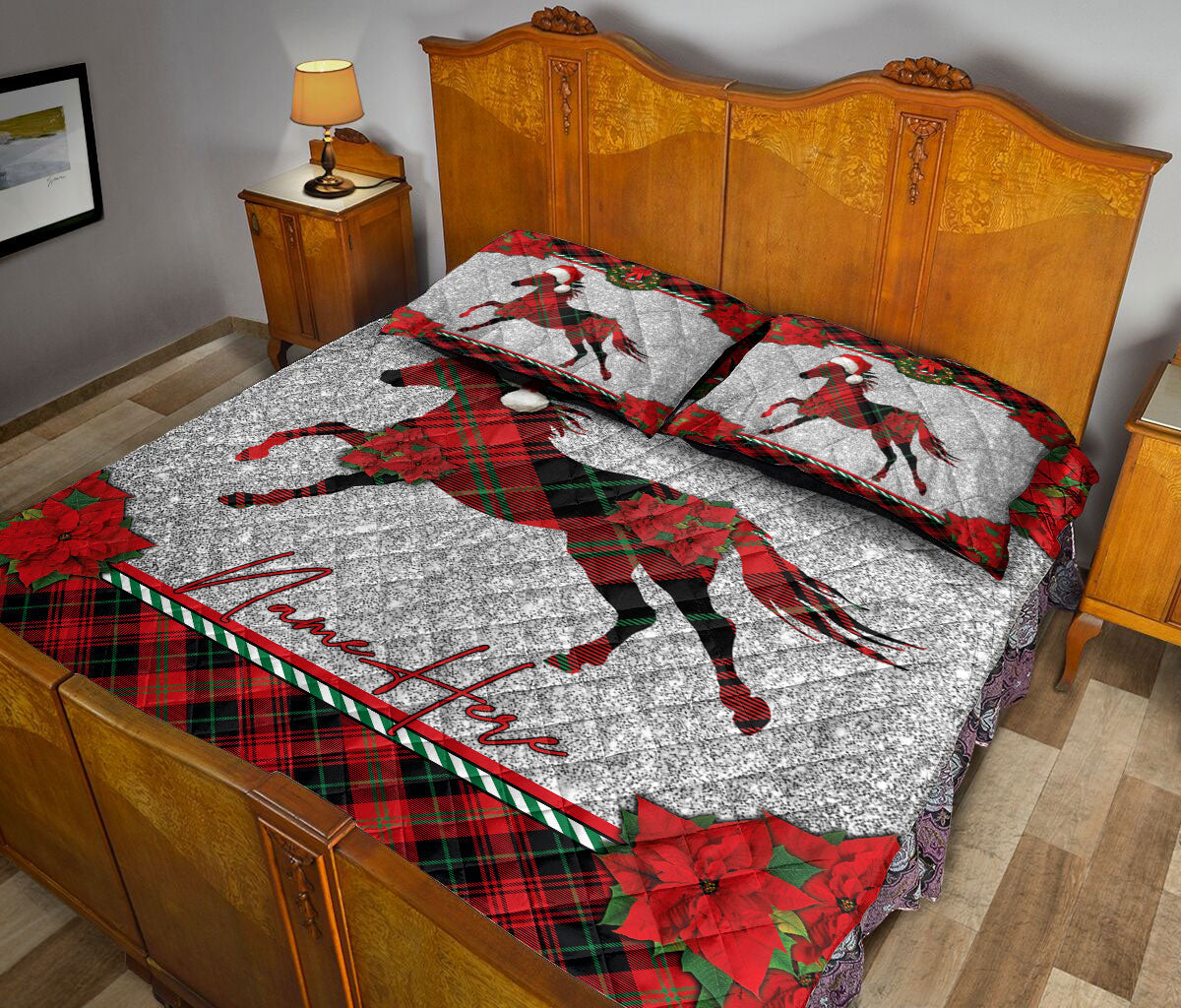 Ohaprints-Quilt-Bed-Set-Pillowcase-Christmas-Red-Plaid-Horse-Santa-Hat-Custom-Personalized-Name-Blanket-Bedspread-Bedding-3637-King (90'' x 100'')