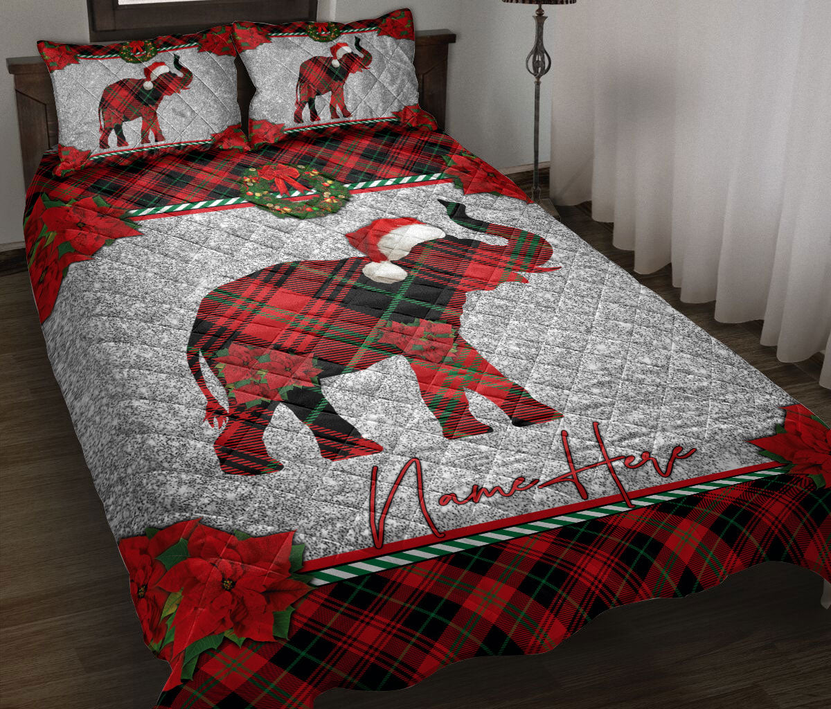 Ohaprints-Quilt-Bed-Set-Pillowcase-Christmas-Red-Plaid-Elephant-Santa-Hat-Xmas-Custom-Personalized-Name-Blanket-Bedspread-Bedding-3674-Throw (55'' x 60'')