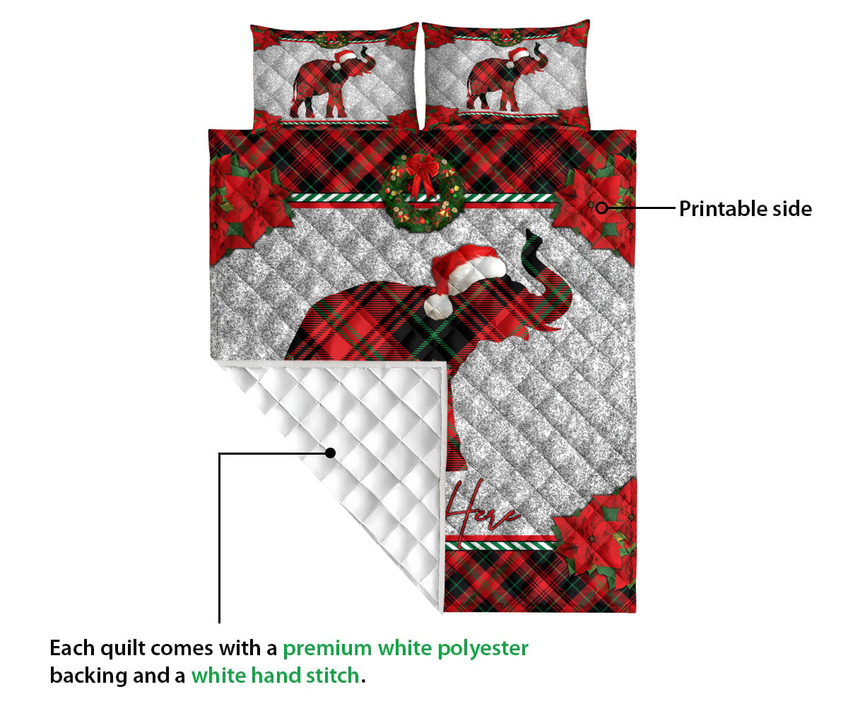 Ohaprints-Quilt-Bed-Set-Pillowcase-Christmas-Red-Plaid-Elephant-Santa-Hat-Xmas-Custom-Personalized-Name-Blanket-Bedspread-Bedding-3674-Queen (80'' x 90'')