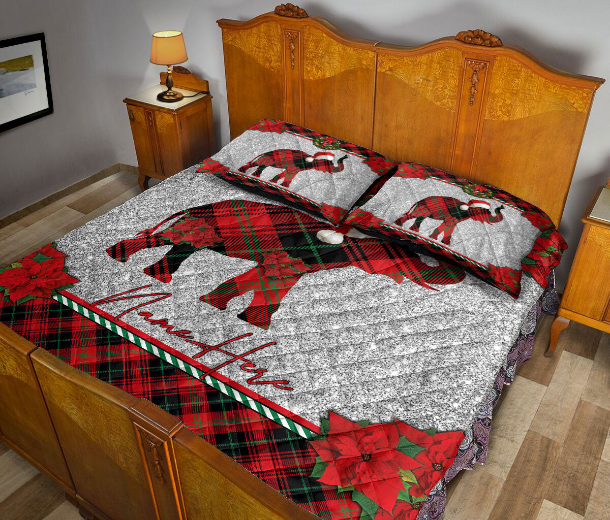 Ohaprints-Quilt-Bed-Set-Pillowcase-Christmas-Red-Plaid-Elephant-Santa-Hat-Xmas-Custom-Personalized-Name-Blanket-Bedspread-Bedding-3674-King (90'' x 100'')