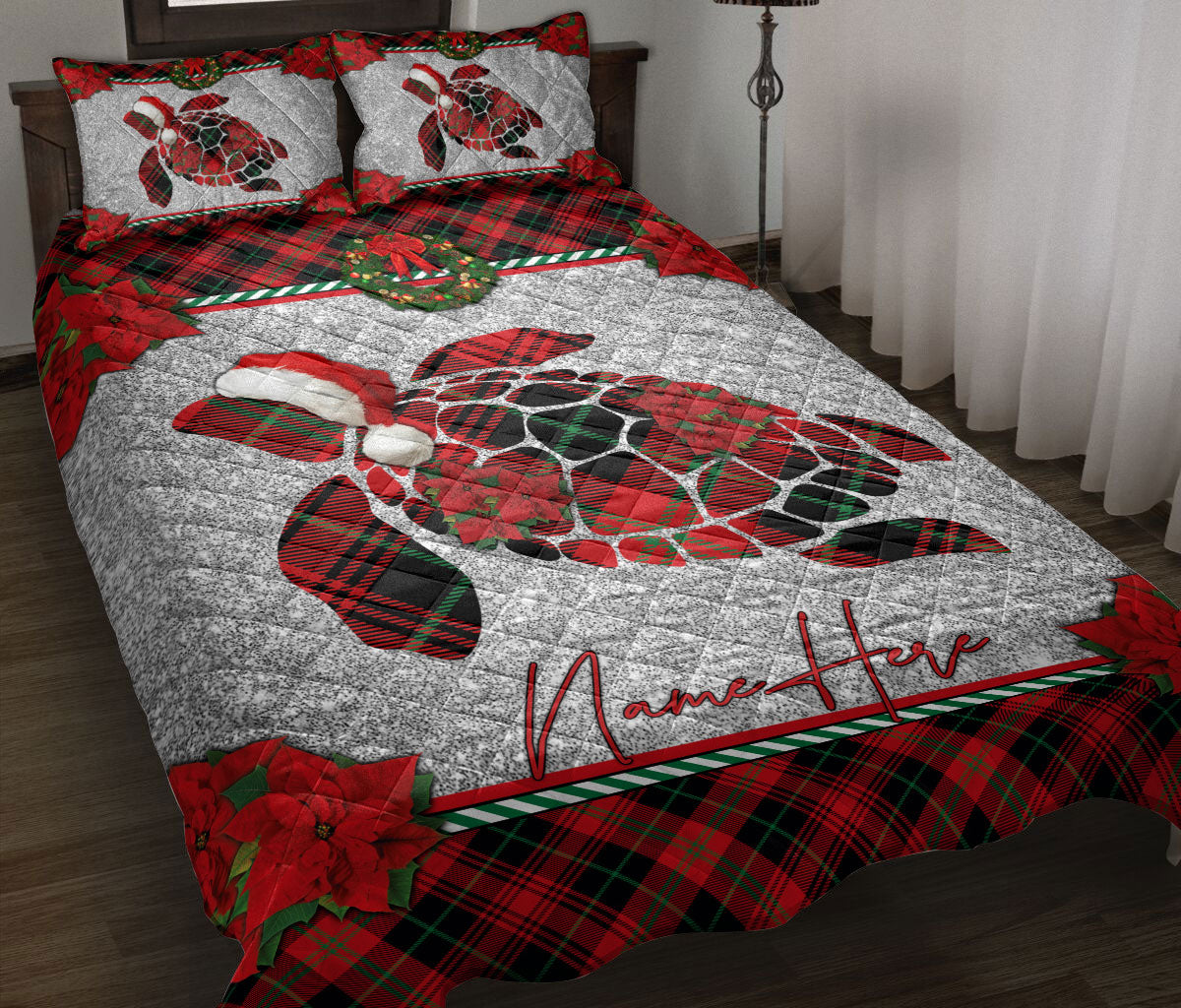 Ohaprints-Quilt-Bed-Set-Pillowcase-Christmas-Red-Plaid-Turtle-Santa-Hat-Xmas-Custom-Personalized-Name-Blanket-Bedspread-Bedding-3679-Throw (55'' x 60'')