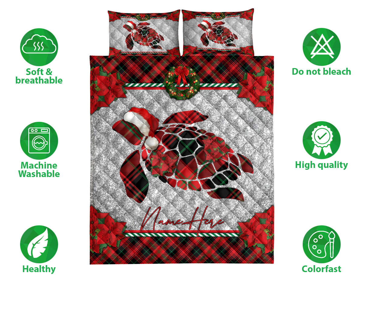 Ohaprints-Quilt-Bed-Set-Pillowcase-Christmas-Red-Plaid-Turtle-Santa-Hat-Xmas-Custom-Personalized-Name-Blanket-Bedspread-Bedding-3679-Double (70'' x 80'')