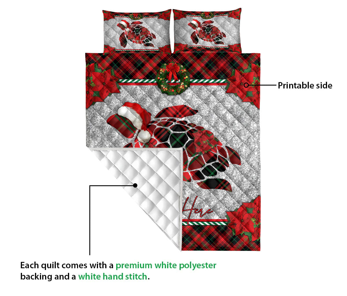 Ohaprints-Quilt-Bed-Set-Pillowcase-Christmas-Red-Plaid-Turtle-Santa-Hat-Xmas-Custom-Personalized-Name-Blanket-Bedspread-Bedding-3679-Queen (80'' x 90'')