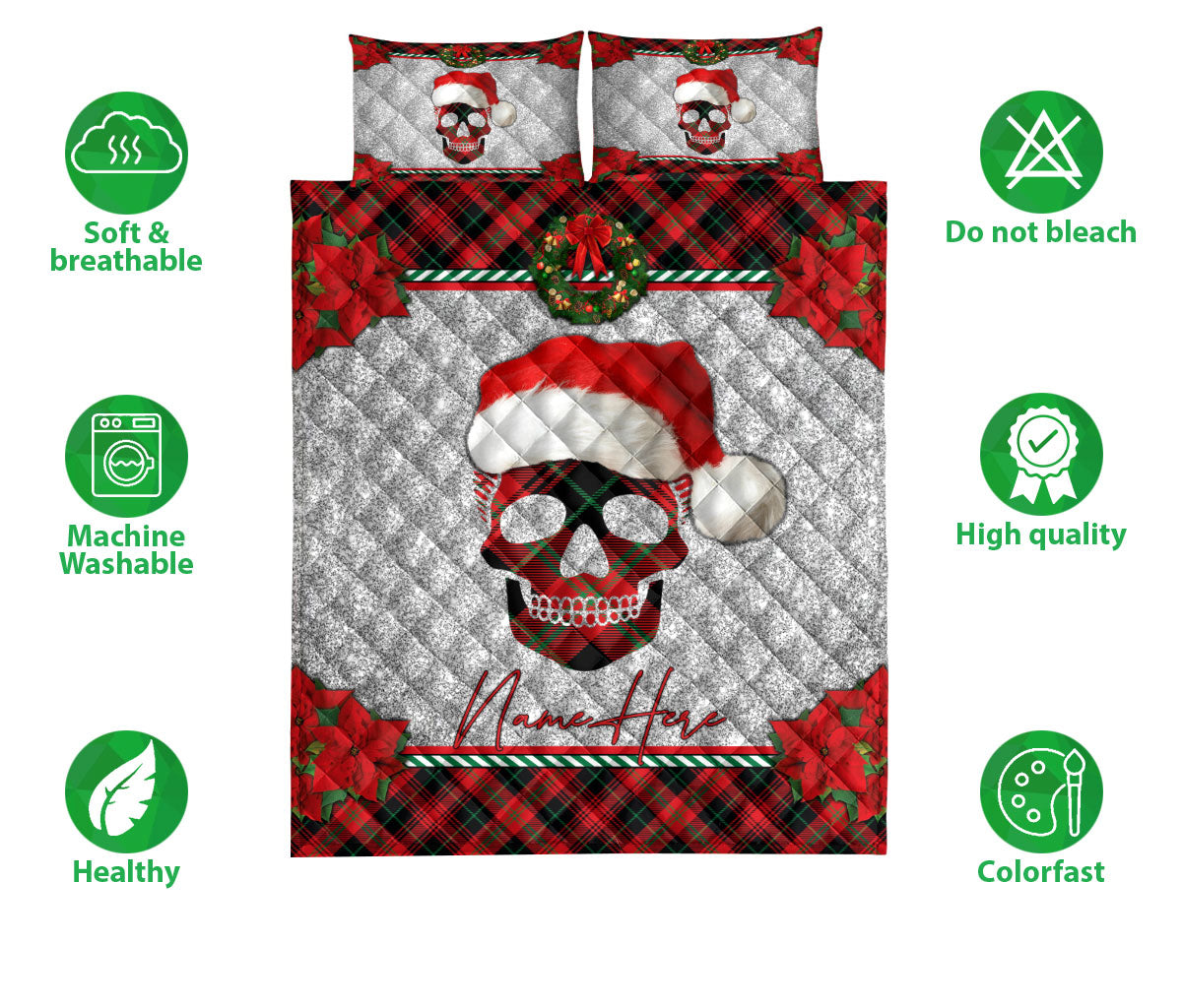 Ohaprints-Quilt-Bed-Set-Pillowcase-Christmas-Red-Plaid-Skull-Santa-Hat-Custom-Personalized-Name-Blanket-Bedspread-Bedding-3690-Double (70'' x 80'')