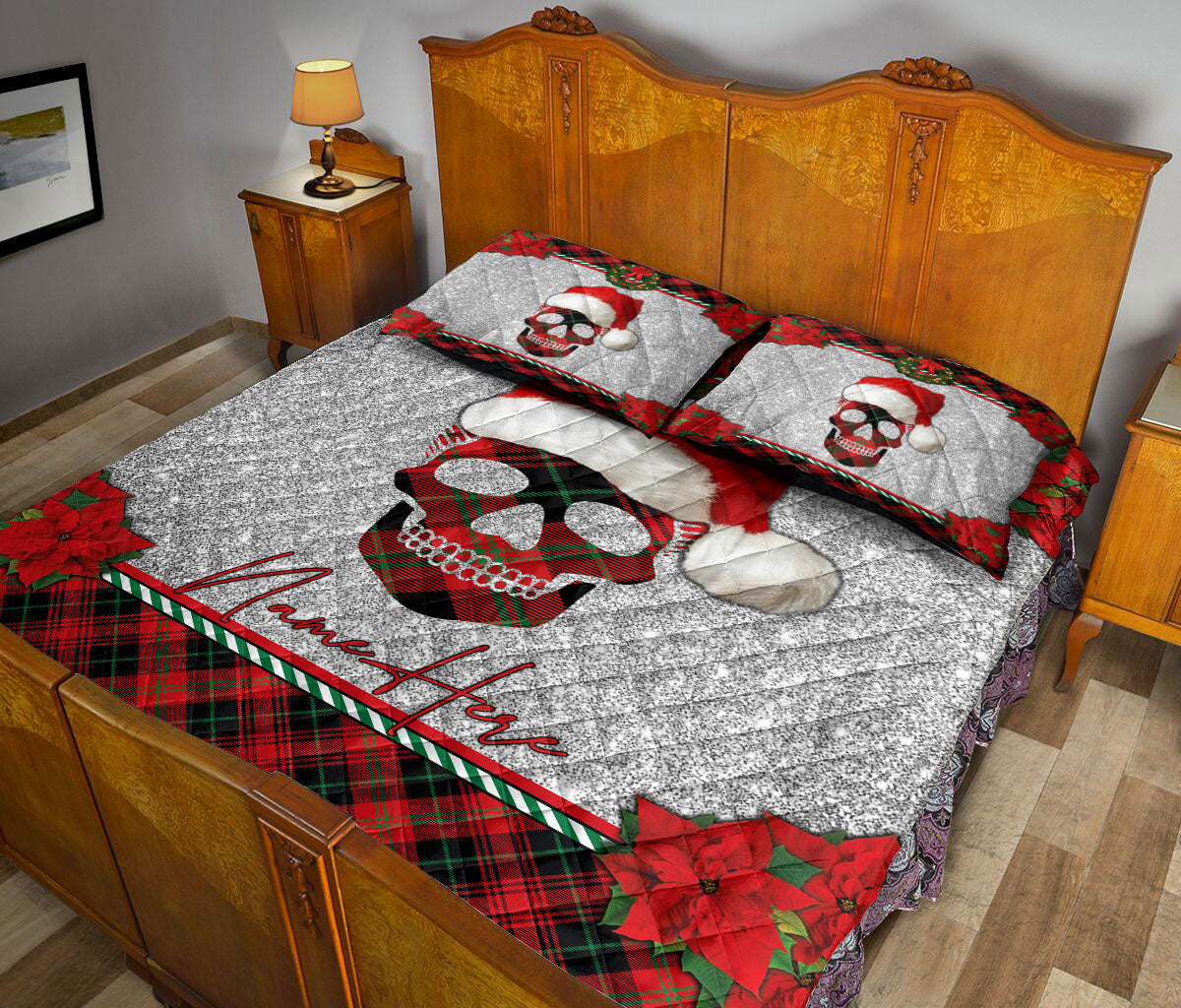 Ohaprints-Quilt-Bed-Set-Pillowcase-Christmas-Red-Plaid-Skull-Santa-Hat-Custom-Personalized-Name-Blanket-Bedspread-Bedding-3690-King (90'' x 100'')