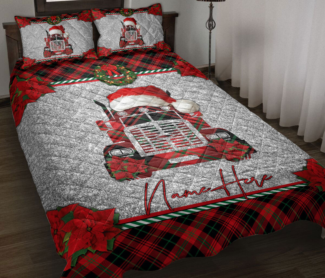 Ohaprints-Quilt-Bed-Set-Pillowcase-Christmas-Red-Plaid-Truck-Santa-Hat-Trucker-Custom-Personalized-Name-Blanket-Bedspread-Bedding-3591-Throw (55'' x 60'')