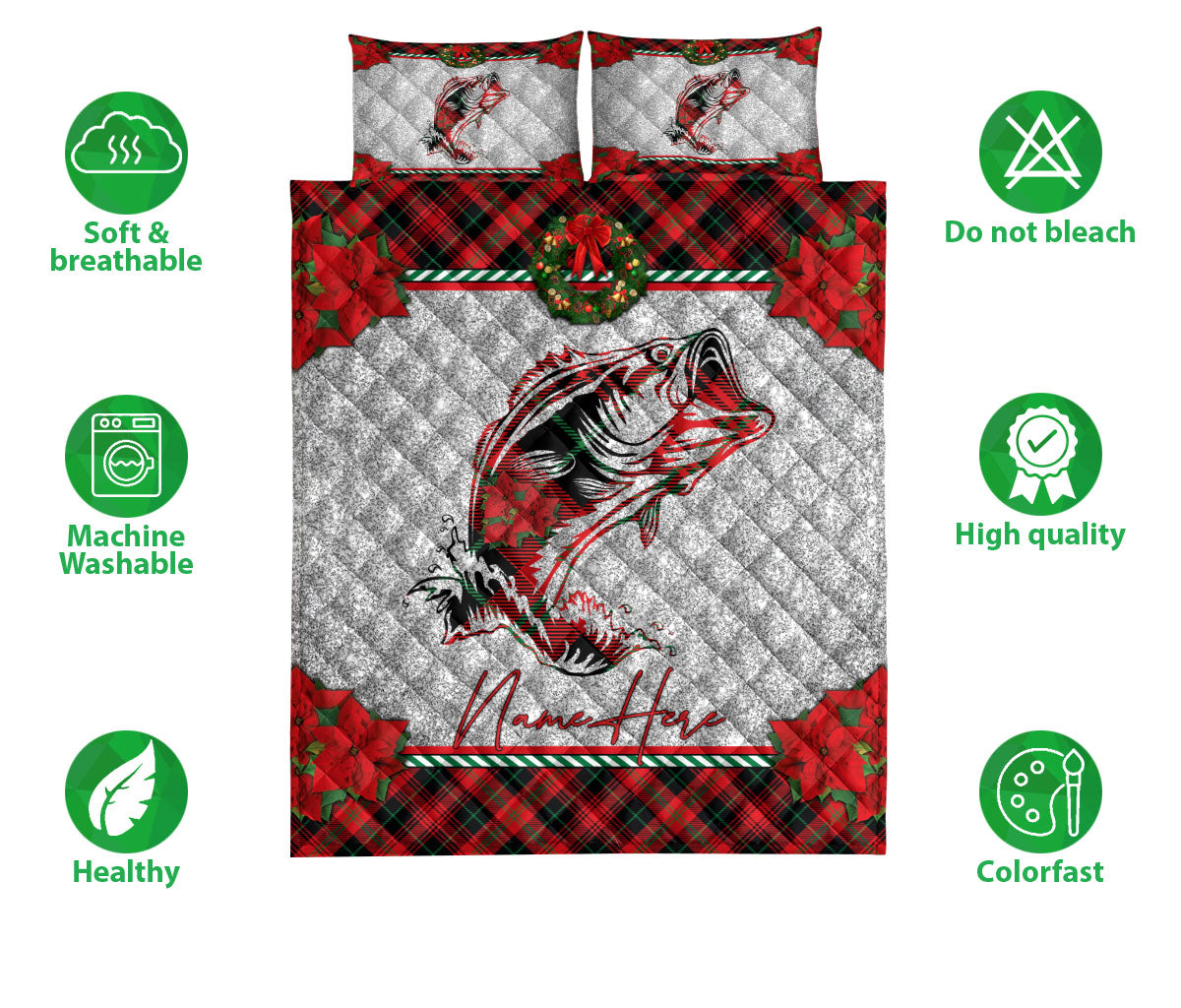 Ohaprints-Quilt-Bed-Set-Pillowcase-Christmas-Red-Plaid-Fishing-Santa-Hat-Xmas-Holiday-Custom-Personalized-Name-Blanket-Bedspread-Bedding-3255-Double (70'' x 80'')