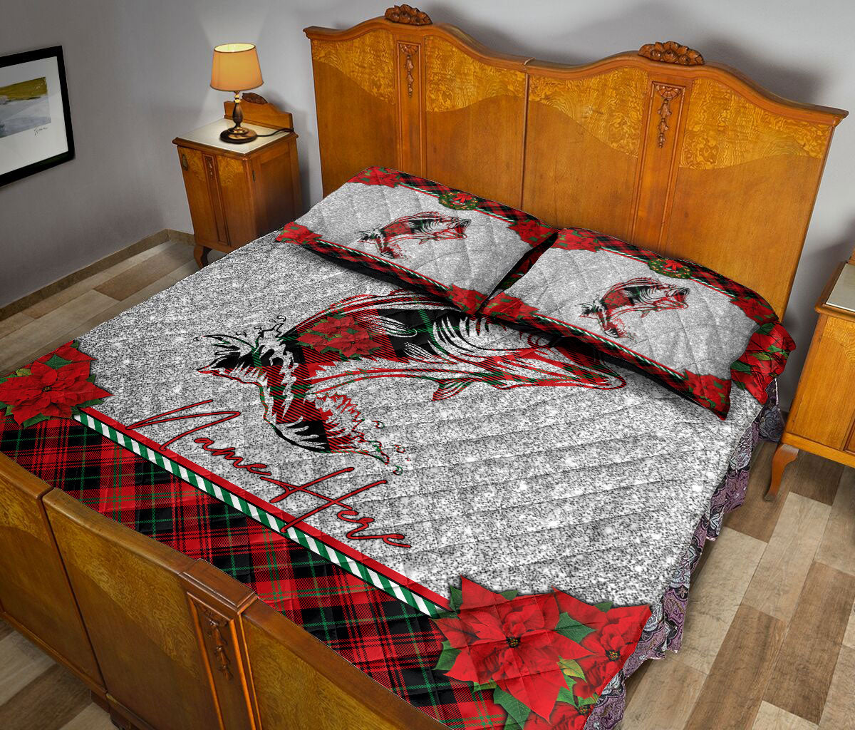 Ohaprints-Quilt-Bed-Set-Pillowcase-Christmas-Red-Plaid-Fishing-Santa-Hat-Xmas-Holiday-Custom-Personalized-Name-Blanket-Bedspread-Bedding-3255-King (90'' x 100'')