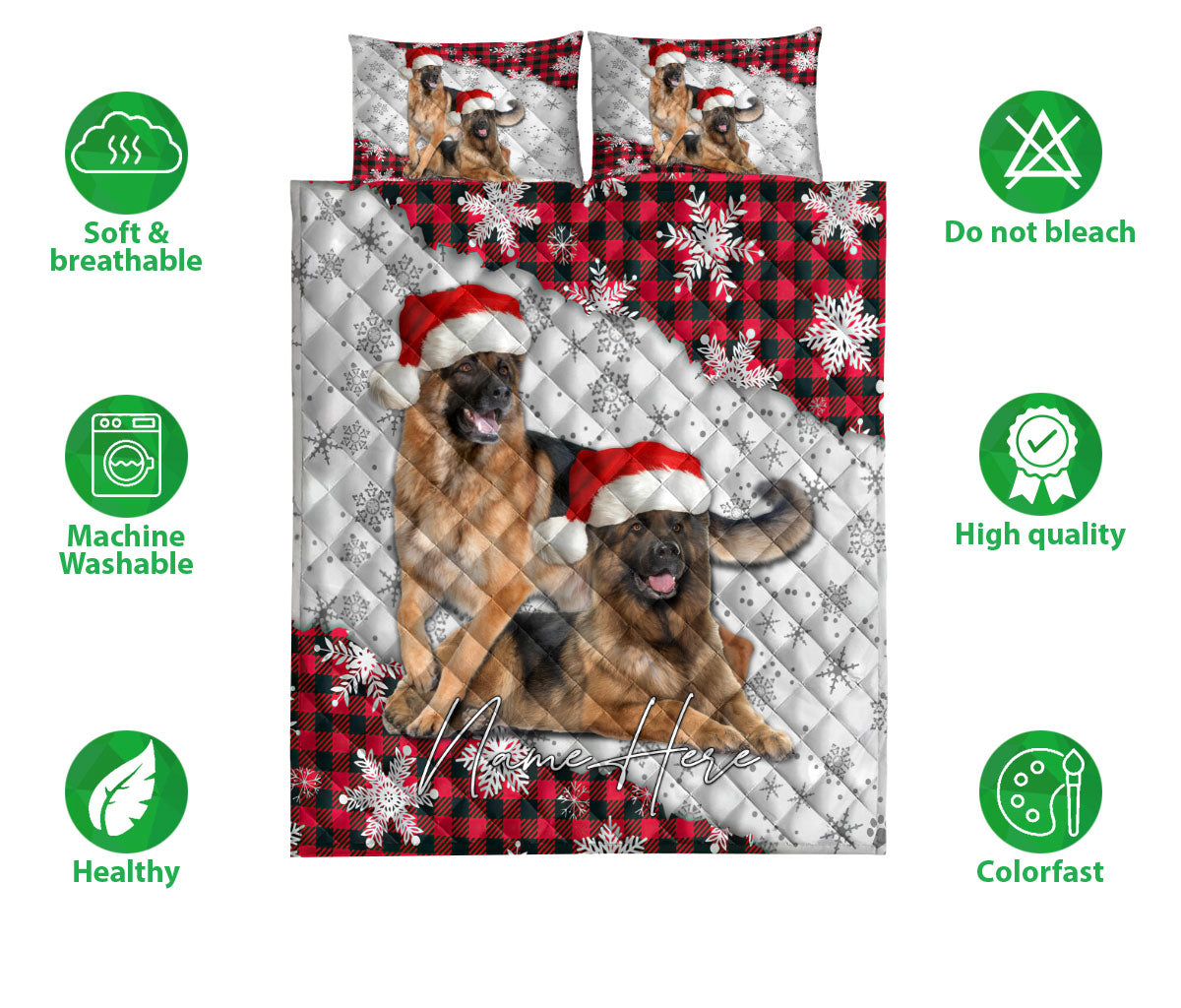 Ohaprints-Quilt-Bed-Set-Pillowcase-Christmas-Red-Plaid-German-Shepherd-Xmas-Custom-Personalized-Name-Blanket-Bedspread-Bedding-3732-Double (70'' x 80'')