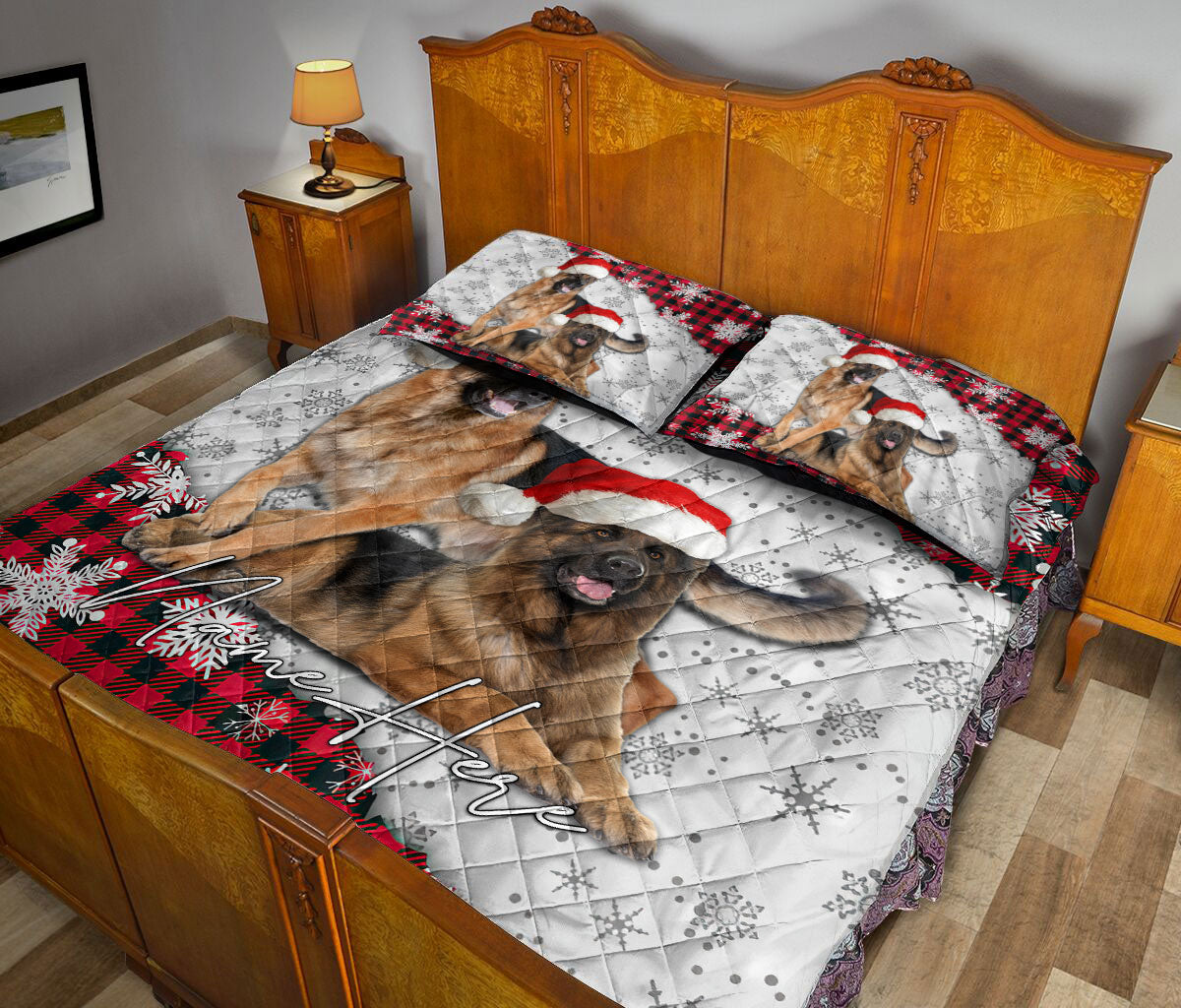Ohaprints-Quilt-Bed-Set-Pillowcase-Christmas-Red-Plaid-German-Shepherd-Xmas-Custom-Personalized-Name-Blanket-Bedspread-Bedding-3732-King (90'' x 100'')