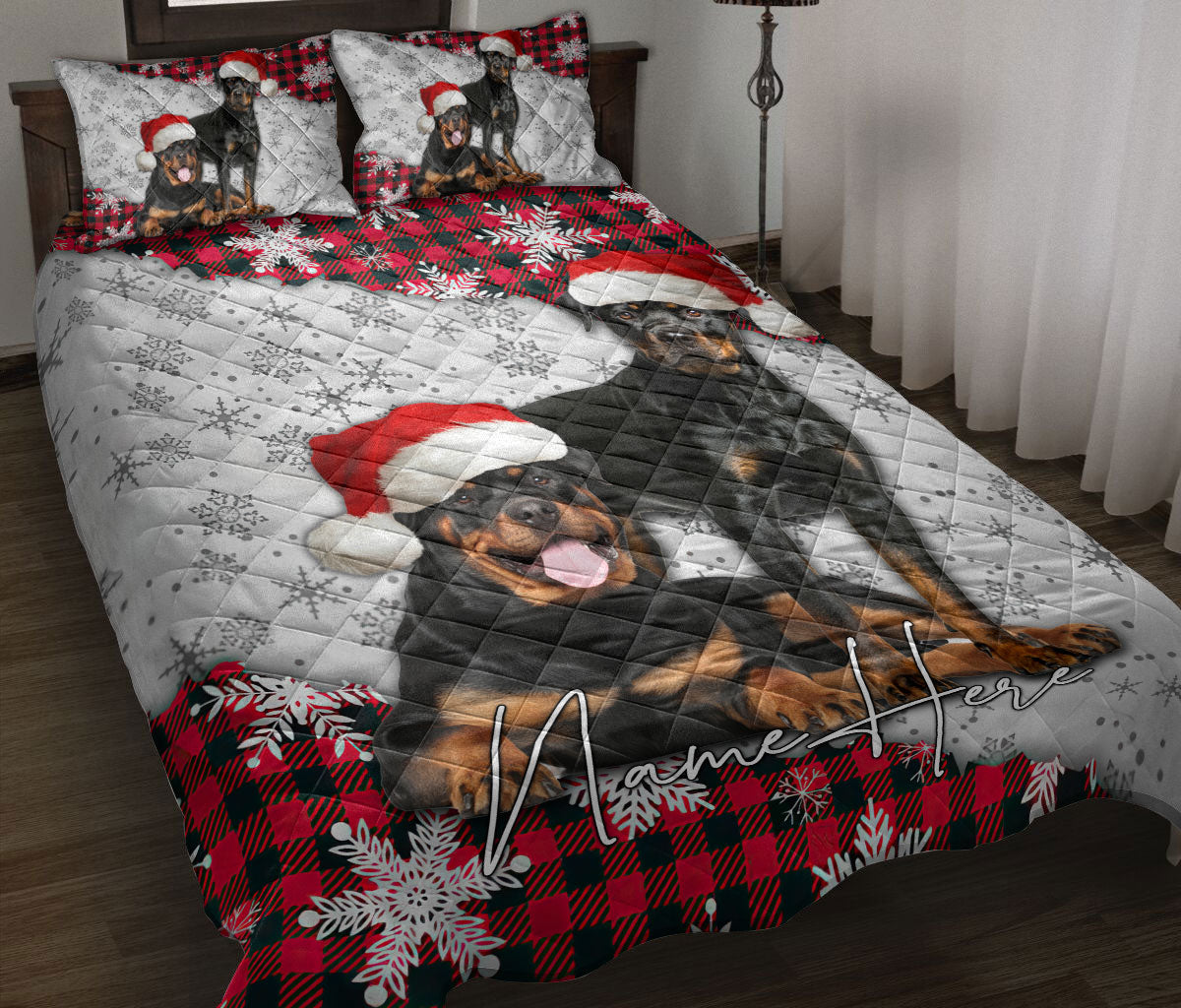 Ohaprints-Quilt-Bed-Set-Pillowcase-Christmas-Red-Plaid-Rottweiler-Snowflakes-Custom-Personalized-Name-Blanket-Bedspread-Bedding-3737-Throw (55'' x 60'')