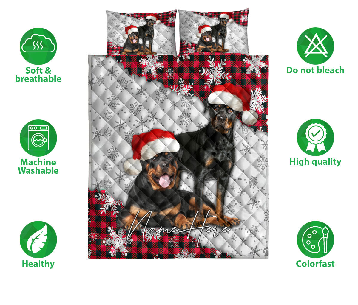 Ohaprints-Quilt-Bed-Set-Pillowcase-Christmas-Red-Plaid-Rottweiler-Snowflakes-Custom-Personalized-Name-Blanket-Bedspread-Bedding-3737-Double (70'' x 80'')