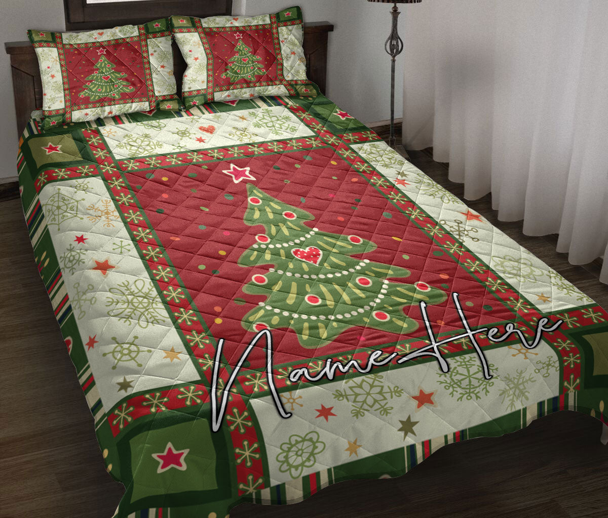 Ohaprints-Quilt-Bed-Set-Pillowcase-Christmas-Tree-Snowflakes-Patchwork-Pattern-Custom-Personalized-Name-Blanket-Bedspread-Bedding-3660-Throw (55'' x 60'')