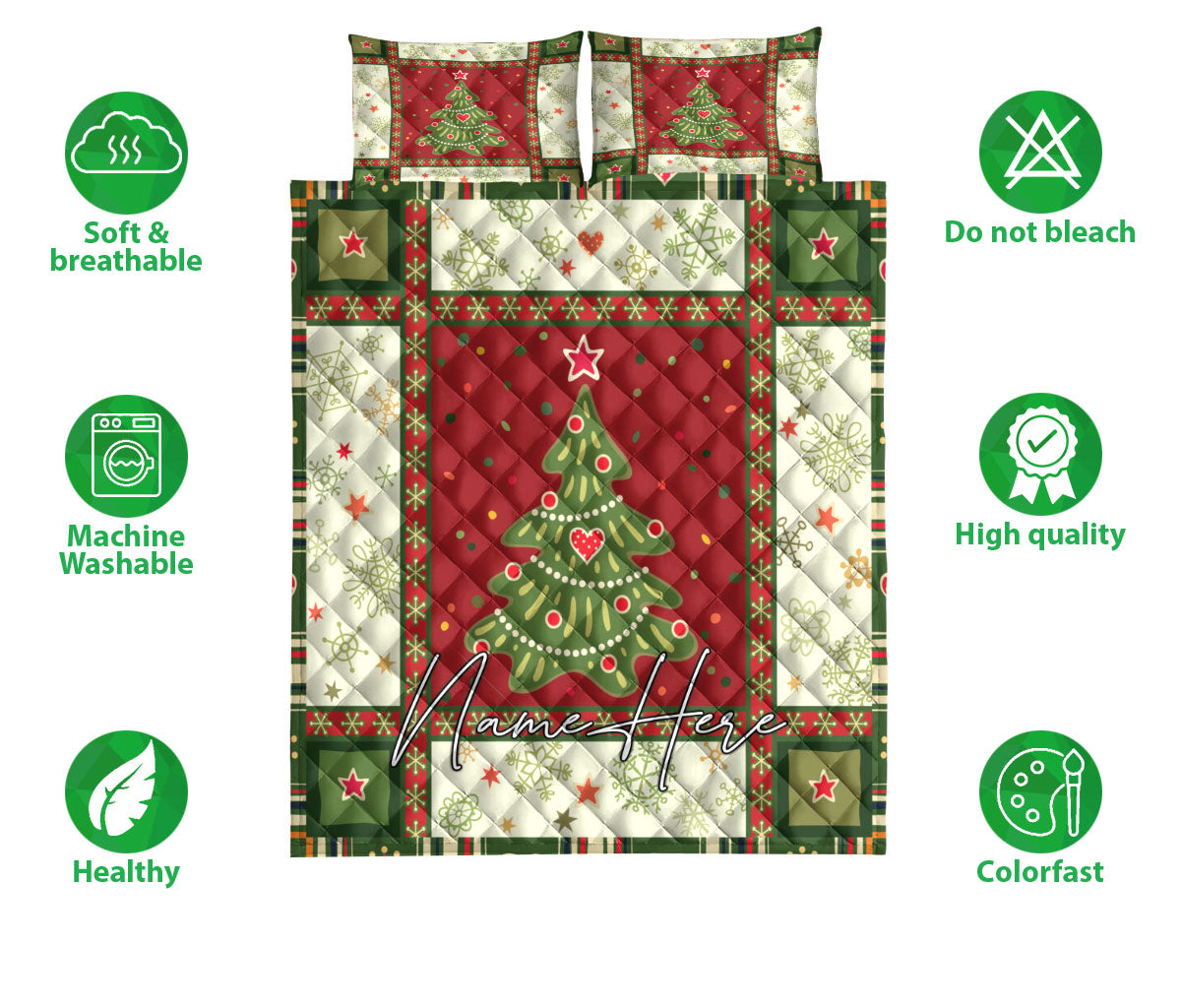 Ohaprints-Quilt-Bed-Set-Pillowcase-Christmas-Tree-Snowflakes-Patchwork-Pattern-Custom-Personalized-Name-Blanket-Bedspread-Bedding-3660-Double (70'' x 80'')