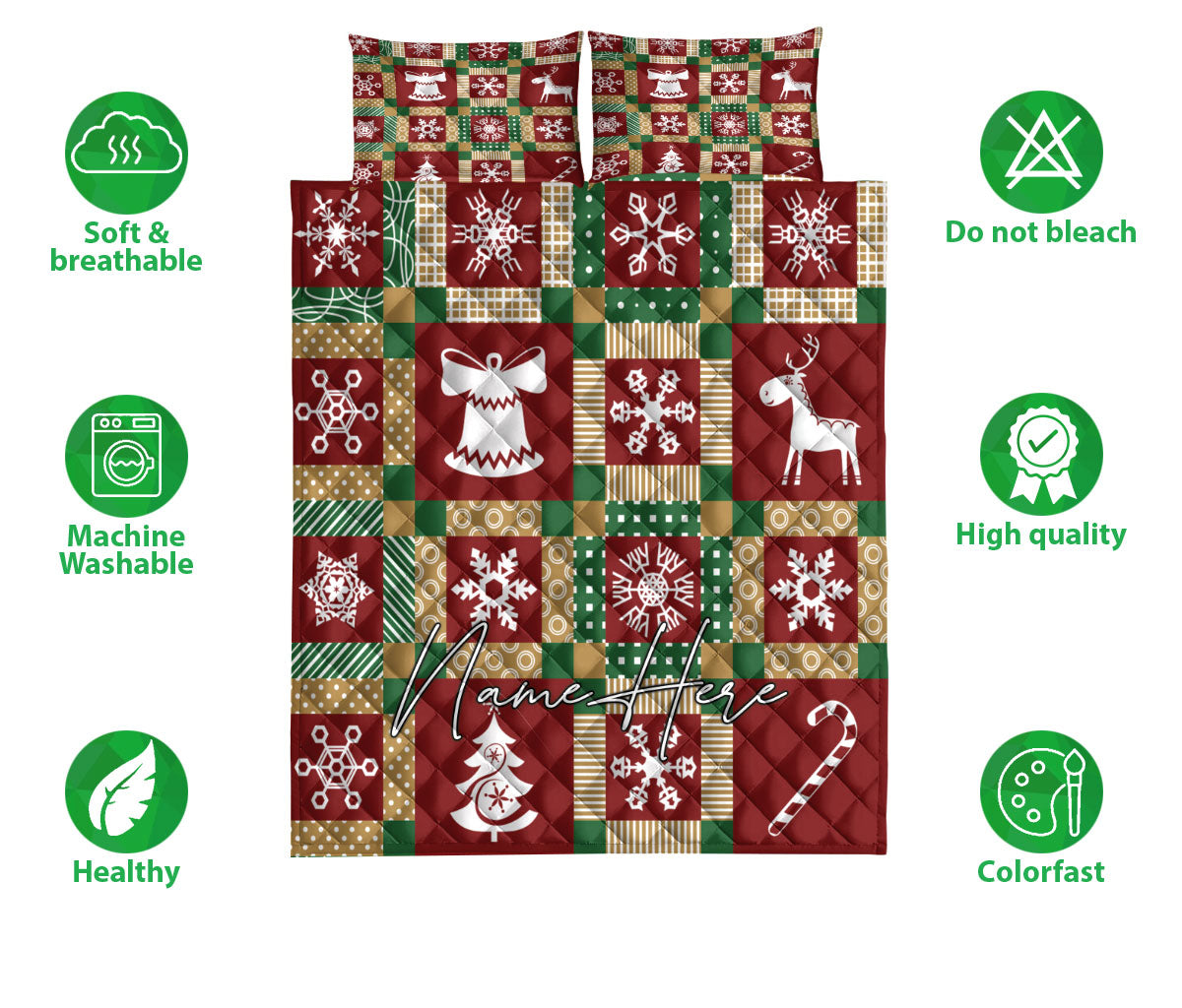 Ohaprints-Quilt-Bed-Set-Pillowcase-Christmas-Pattern-Patchwork-Snowflake-Xmas-Custom-Personalized-Name-Blanket-Bedspread-Bedding-3661-Double (70'' x 80'')