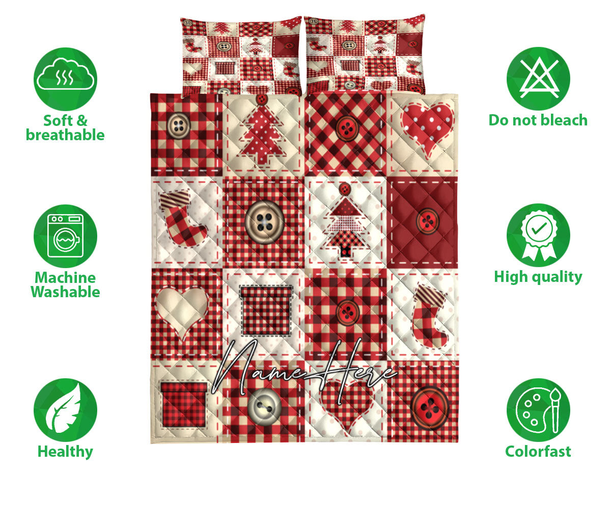 Ohaprints-Quilt-Bed-Set-Pillowcase-Christmas-Patchwork-Red-Pattern-Xmas-Custom-Personalized-Name-Blanket-Bedspread-Bedding-3666-Double (70'' x 80'')