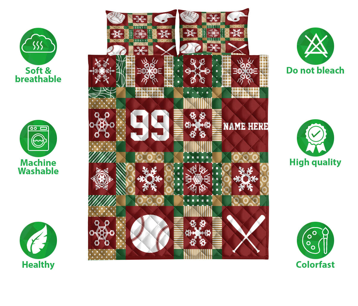 Ohaprints-Quilt-Bed-Set-Pillowcase-Christmas-Patchwork-Baseball-Pattern-Xmas-Custom-Personalized-Name-Number-Blanket-Bedspread-Bedding-3231-Double (70'' x 80'')