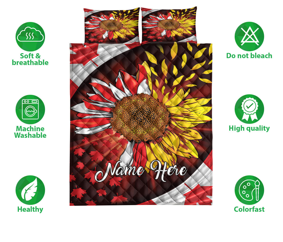 Ohaprints-Quilt-Bed-Set-Pillowcase-Canada-Flag-Sunflower-Canadian-Maple-Leaf-Custom-Personalized-Name-Blanket-Bedspread-Bedding-2328-Double (70'' x 80'')