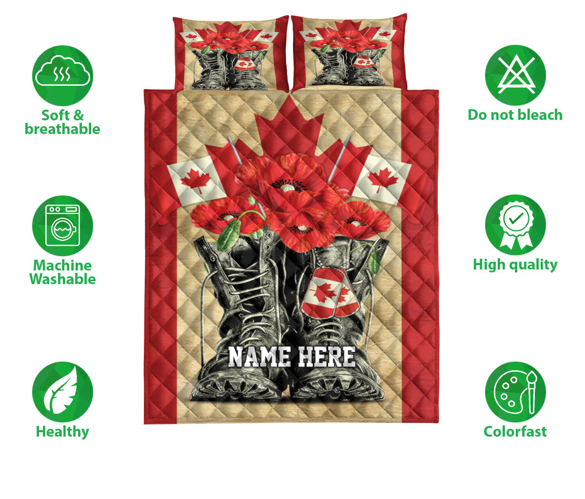 Ohaprints-Quilt-Bed-Set-Pillowcase-Canada-Flag-Lest-We-Forget-Combat-Boots-Poppy-Flower-Custom-Personalized-Name-Blanket-Bedspread-Bedding-1156-Double (70'' x 80'')