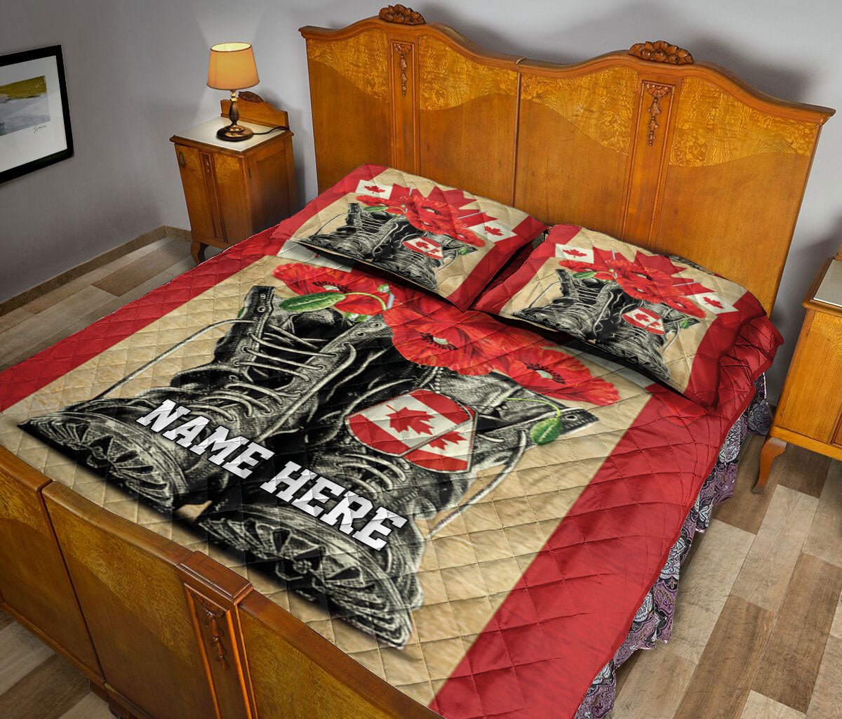 Ohaprints-Quilt-Bed-Set-Pillowcase-Canada-Flag-Lest-We-Forget-Combat-Boots-Poppy-Flower-Custom-Personalized-Name-Blanket-Bedspread-Bedding-1156-King (90'' x 100'')