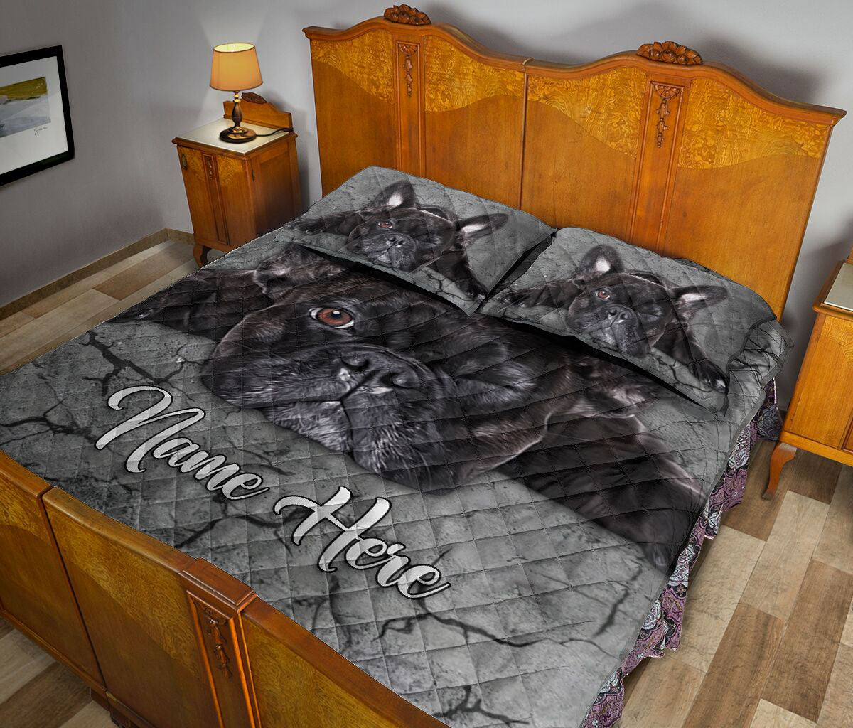 Ohaprints-Quilt-Bed-Set-Pillowcase-French-Bulldog-Crack-Gray-Sliver-Pattern-Custom-Personalized-Name-Blanket-Bedspread-Bedding-2340-King (90'' x 100'')