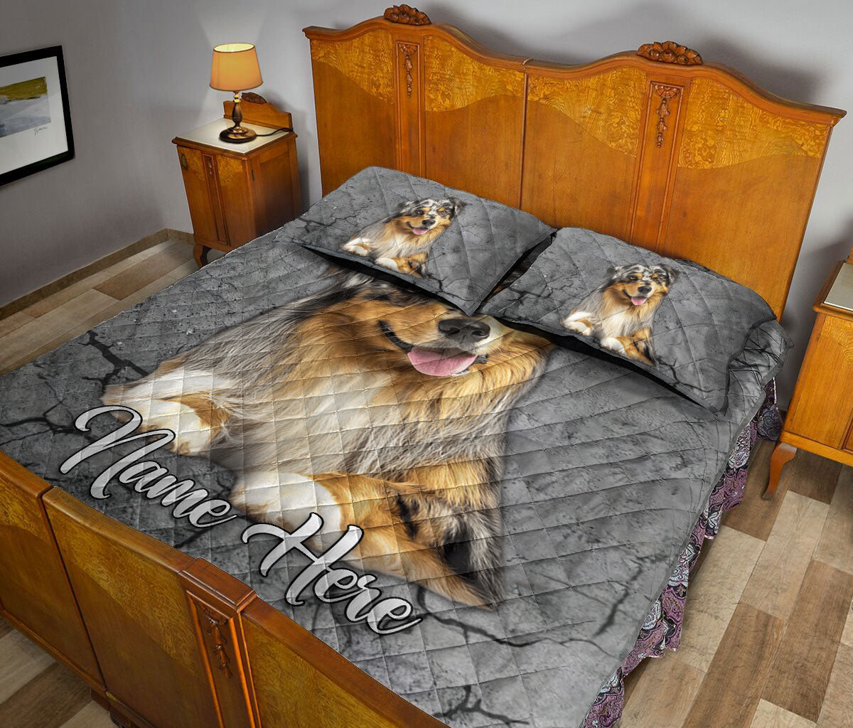 Ohaprints-Quilt-Bed-Set-Pillowcase-Australian-Shepherd-Dog-Crack-Gray-Sliver-Pattern-Custom-Personalized-Name-Blanket-Bedspread-Bedding-2933-King (90'' x 100'')