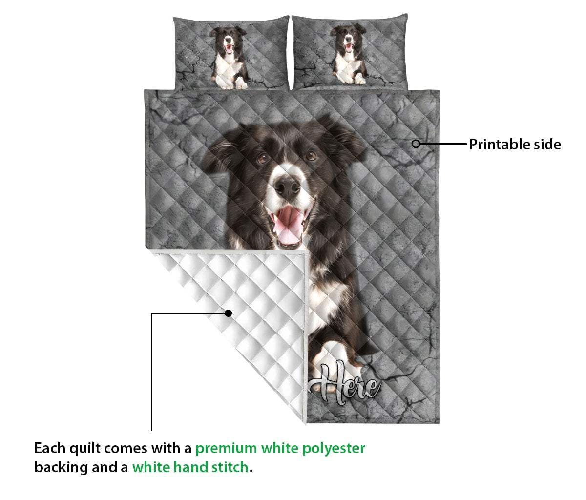 Ohaprints-Quilt-Bed-Set-Pillowcase-Border-Collie-Dog-Crack-Gray-Sliver-Pattern-Custom-Personalized-Name-Blanket-Bedspread-Bedding-1168-Queen (80'' x 90'')