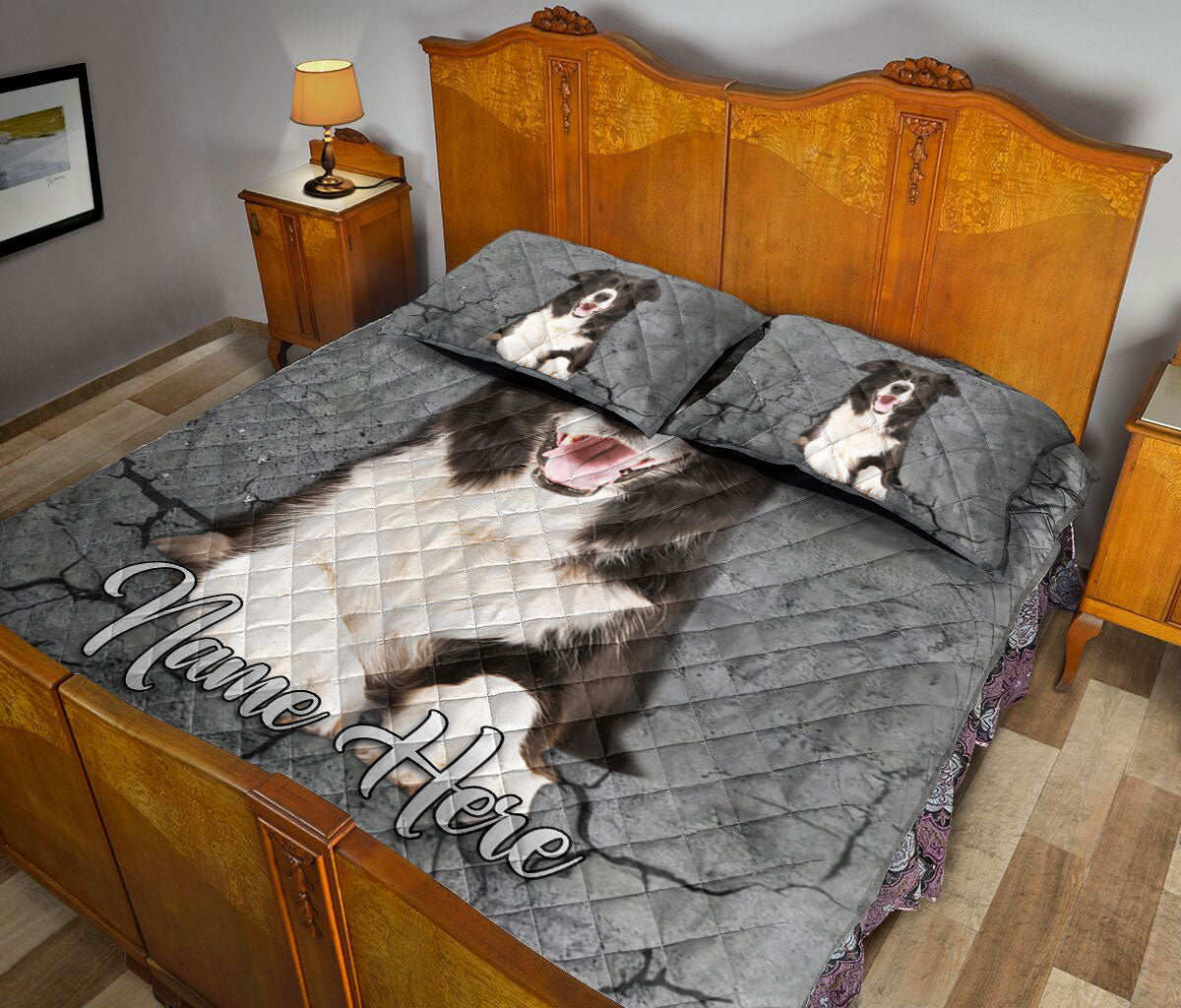 Ohaprints-Quilt-Bed-Set-Pillowcase-Border-Collie-Dog-Crack-Gray-Sliver-Pattern-Custom-Personalized-Name-Blanket-Bedspread-Bedding-1168-King (90'' x 100'')