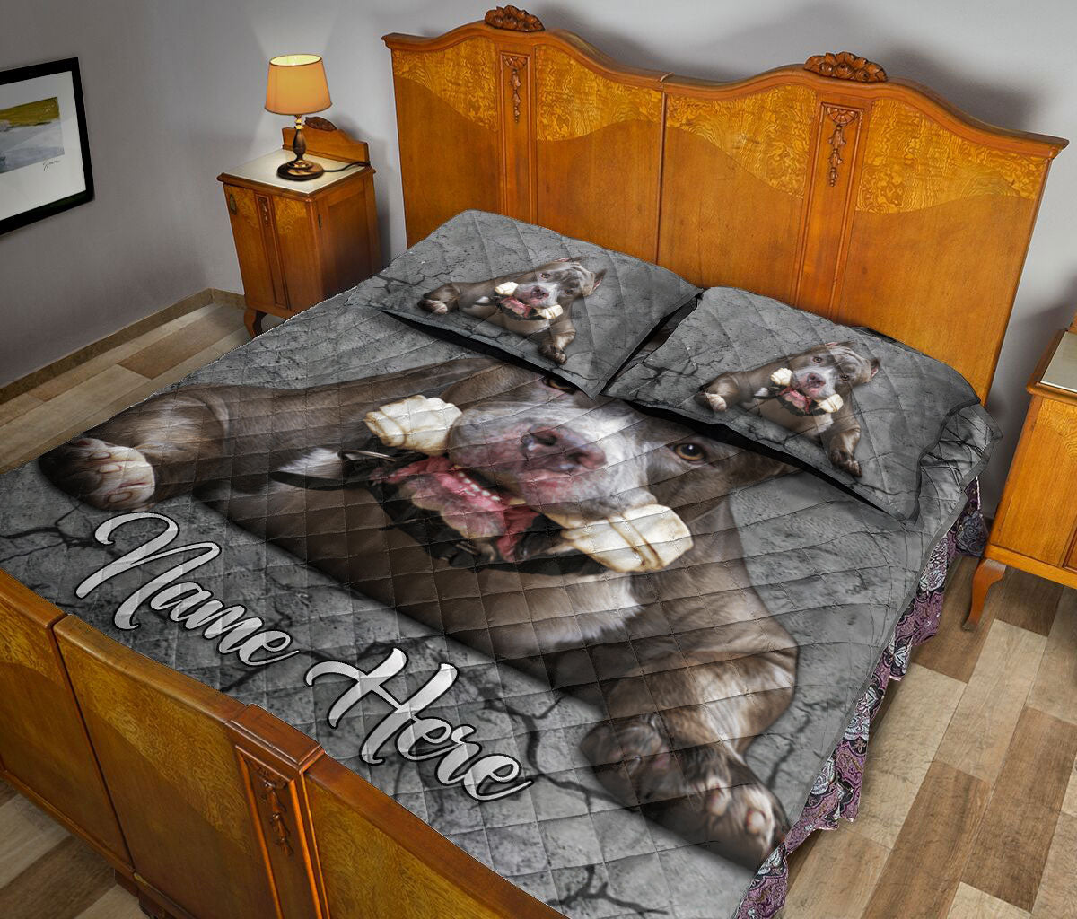 Ohaprints-Quilt-Bed-Set-Pillowcase-Pitbull-Dog-Crack-Gray-Sliver-Pattern-Custom-Personalized-Name-Blanket-Bedspread-Bedding-2343-King (90'' x 100'')