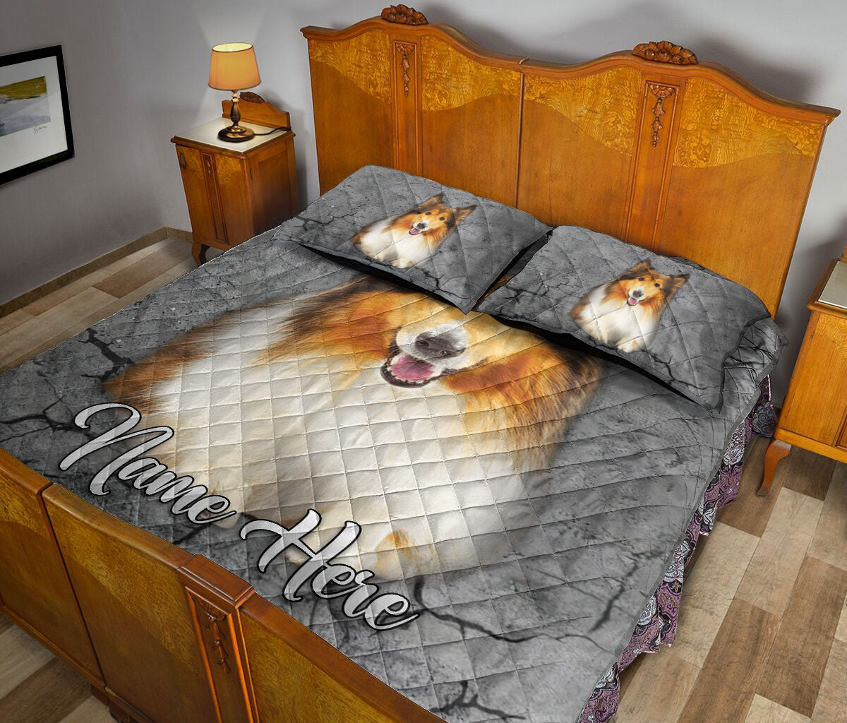 Ohaprints-Quilt-Bed-Set-Pillowcase-Rough-Collie-Dog-Crack-Gray-Sliver-Pattern-Custom-Personalized-Name-Blanket-Bedspread-Bedding-1755-King (90'' x 100'')