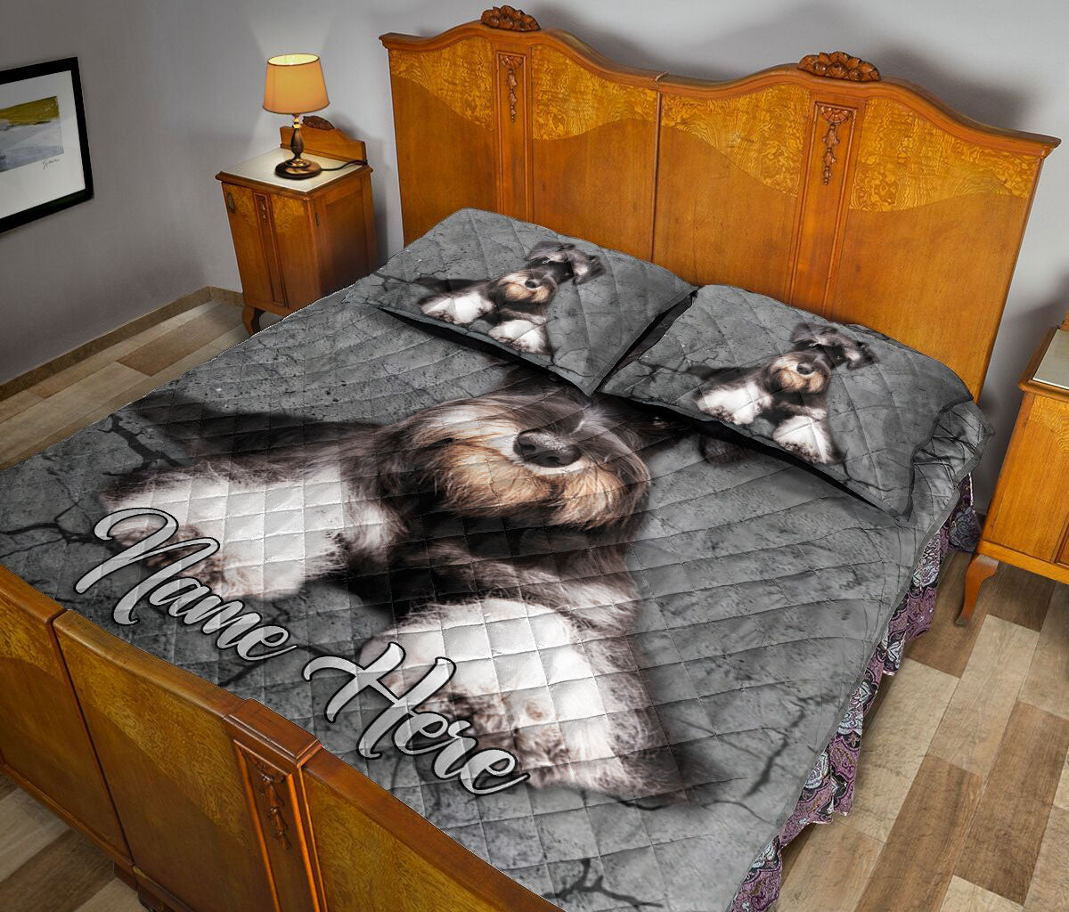 Ohaprints-Quilt-Bed-Set-Pillowcase-Miniature-Schnauzers-Dog-Crack-Gray-Sliver-Pattern-Custom-Personalized-Name-Blanket-Bedspread-Bedding-2344-King (90'' x 100'')