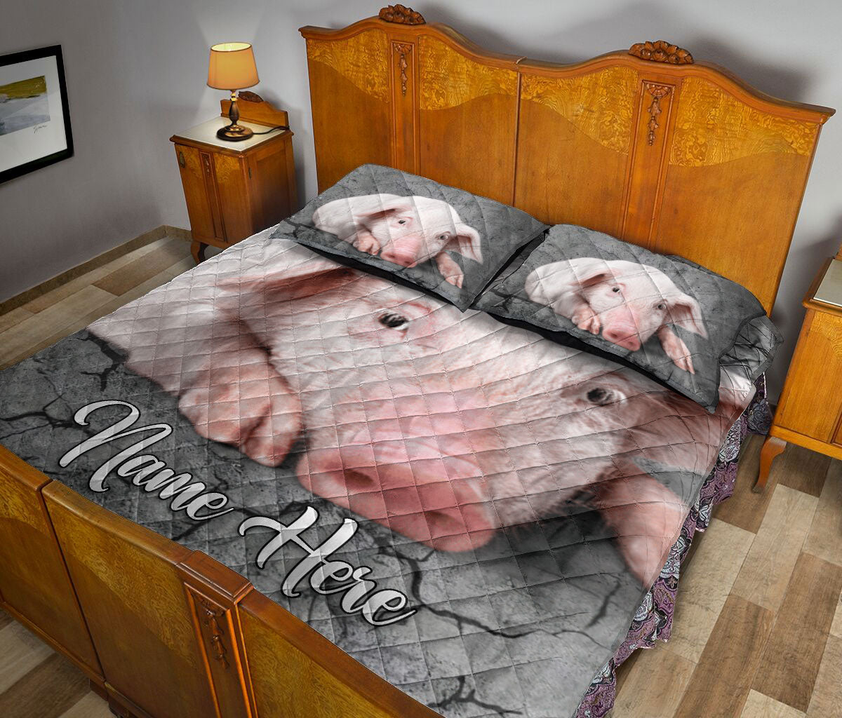 Ohaprints-Quilt-Bed-Set-Pillowcase-Pig-Pet-Farm-Animal-Crack-Gray-Sliver-Pattern-Custom-Personalized-Name-Blanket-Bedspread-Bedding-1756-King (90'' x 100'')