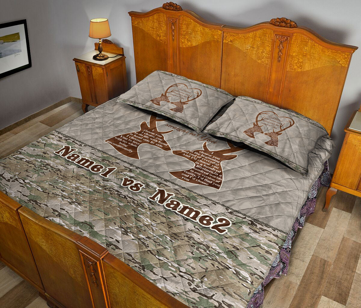 Ohaprints-Quilt-Bed-Set-Pillowcase-Buck-Doe-Deer-Couple-I-Choose-You-Deer-Hunting-Deer-Custom-Personalized-Name-Blanket-Bedspread-Bedding-2691-Queen (80'' x 90'')