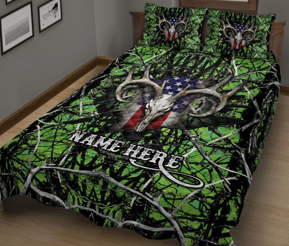 Ohaprints-Quilt-Bed-Set-Pillowcase-Deer-Hunting-Green-Camo-Camouflage-Us-Flag-Hunter-Custom-Personalized-Name-Blanket-Bedspread-Bedding-340-King (90'' x 100'')