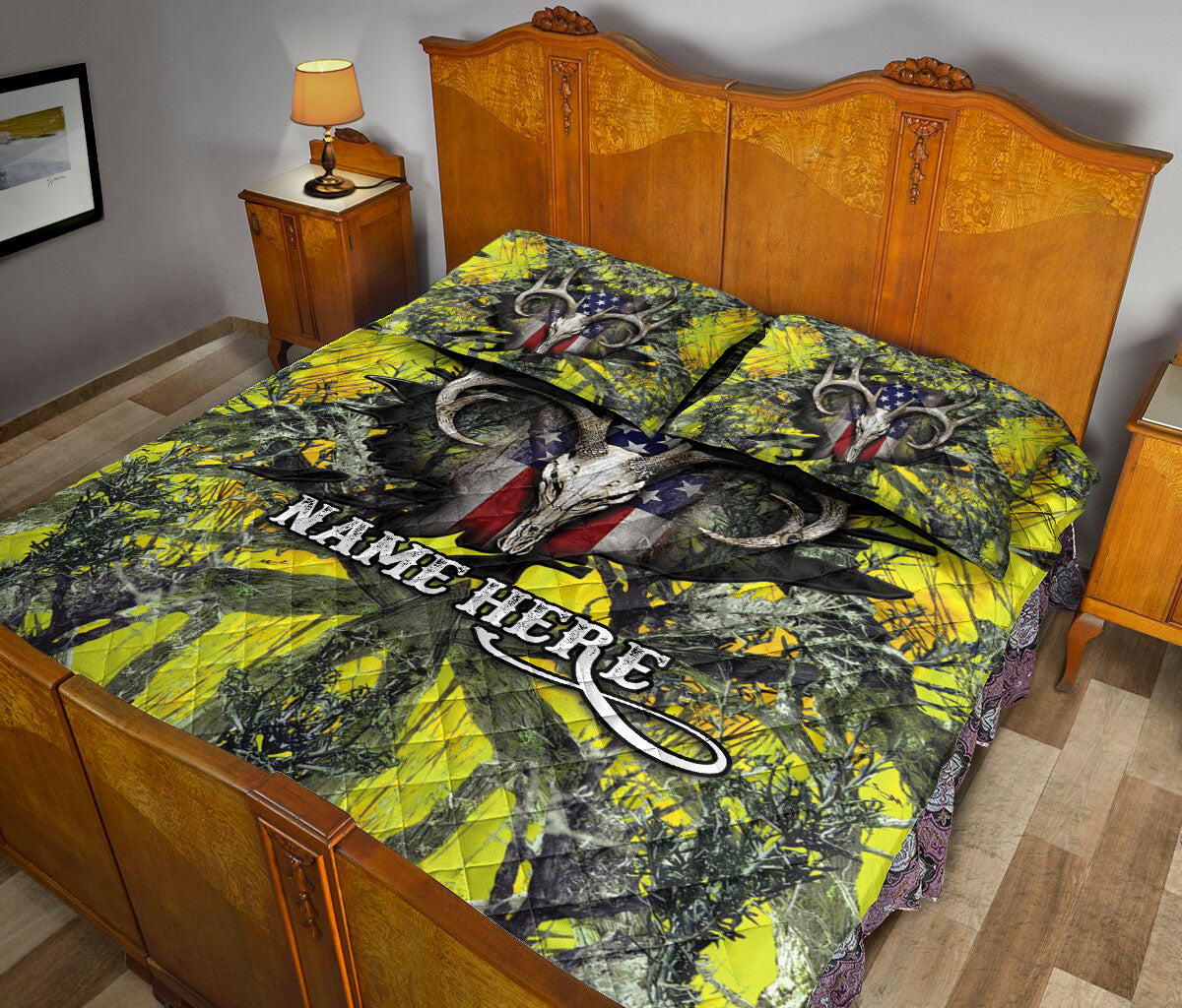 Ohaprints-Quilt-Bed-Set-Pillowcase-Deer-Hunting-Yellow-Camo-Camouflage-Pattern-Us-Flag-Custom-Personalized-Name-Blanket-Bedspread-Bedding-932-Queen (80'' x 90'')