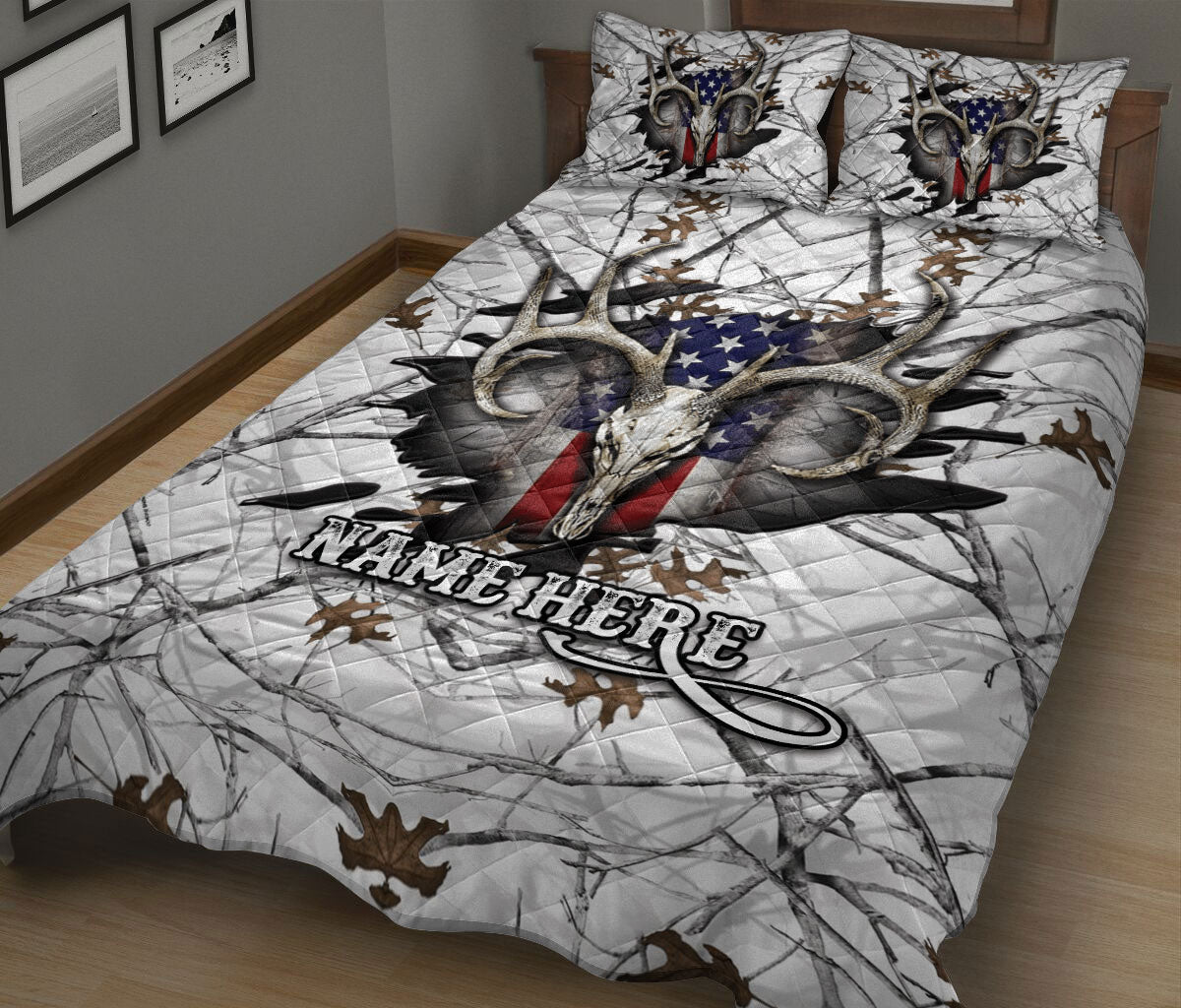 Ohaprints-Quilt-Bed-Set-Pillowcase-Deer-Hunting-White-Camouflage-Pattern-Deer-Hunter-Custom-Personalized-Name-Blanket-Bedspread-Bedding-1512-King (90'' x 100'')