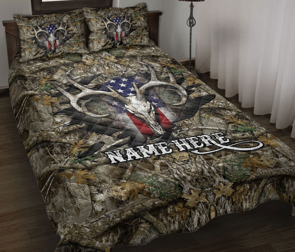 Ohaprints-Quilt-Bed-Set-Pillowcase-Deer-Hunter-Hunting-Camo-Camouflage-Pattern-Us-Flag-Custom-Personalized-Name-Blanket-Bedspread-Bedding-2097-Throw (55'' x 60'')