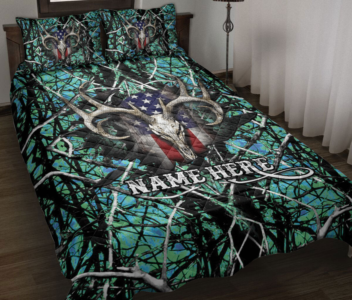 Ohaprints-Quilt-Bed-Set-Pillowcase-Deer-Hunting-Green-Camouflage-Pattern-Deer-Hunter-Custom-Personalized-Name-Blanket-Bedspread-Bedding-341-Throw (55'' x 60'')