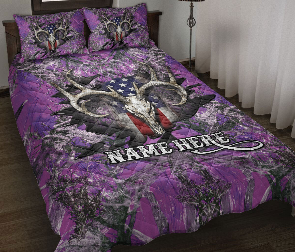 Ohaprints-Quilt-Bed-Set-Pillowcase-Deer-Hunting-Purple-Camouflage-Pattern-Us-Flag-Hunter-Custom-Personalized-Name-Blanket-Bedspread-Bedding-1513-Throw (55'' x 60'')