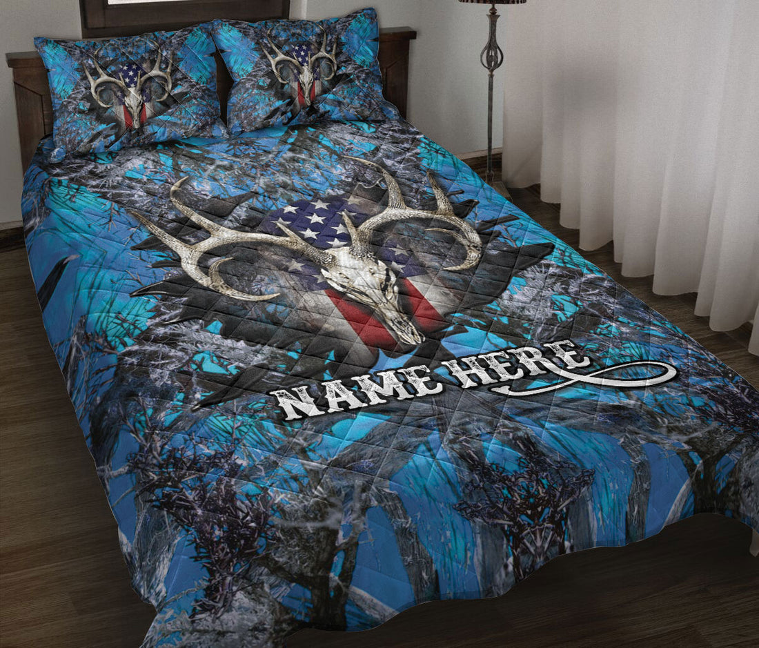 Ohaprints-Quilt-Bed-Set-Pillowcase-Deer-Hunting-Blue-Camouflage-Pattern-Us-Flag-Hunter-Custom-Personalized-Name-Blanket-Bedspread-Bedding-2098-Throw (55'' x 60'')