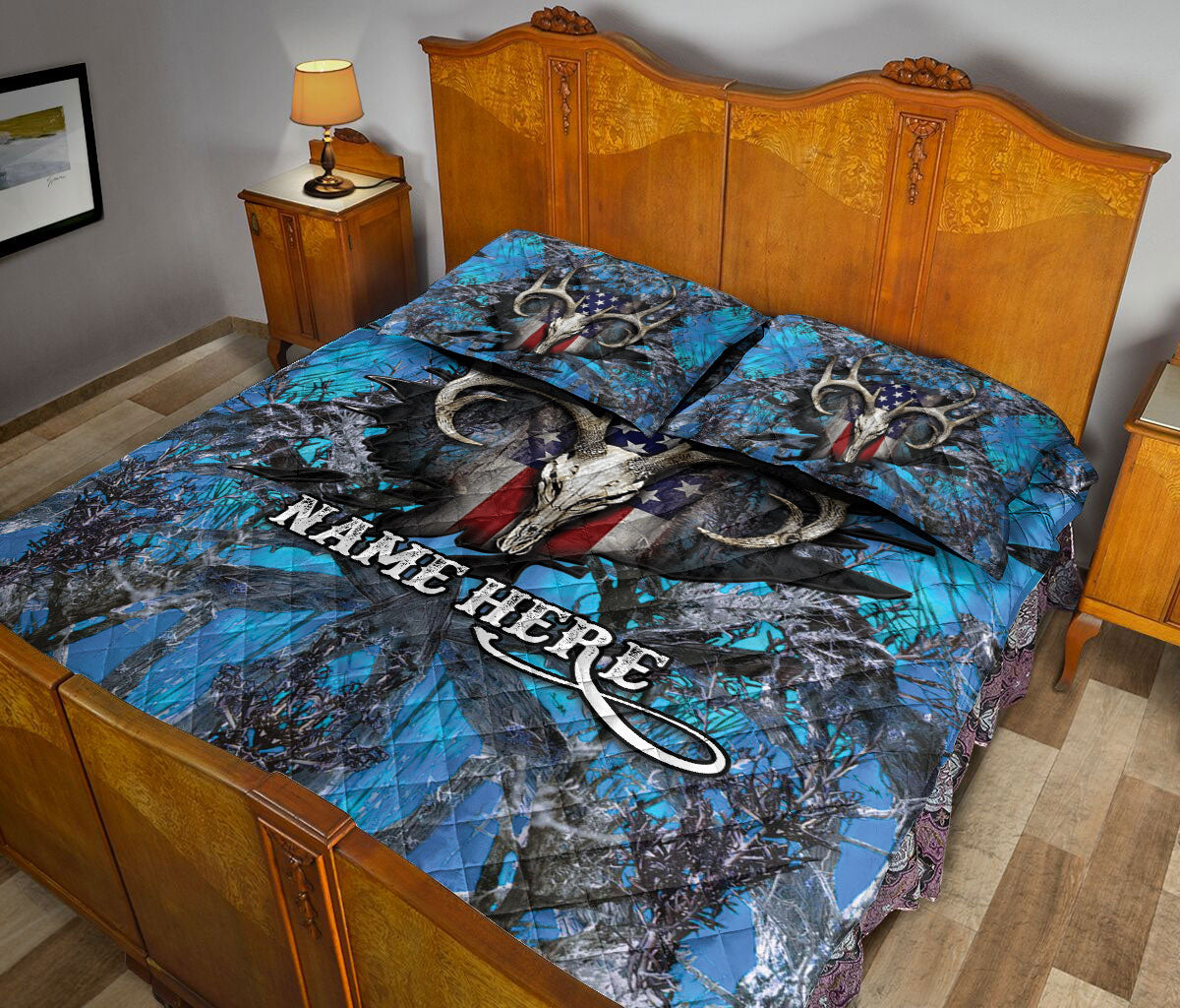 Ohaprints-Quilt-Bed-Set-Pillowcase-Deer-Hunting-Blue-Camouflage-Pattern-Us-Flag-Hunter-Custom-Personalized-Name-Blanket-Bedspread-Bedding-2098-Queen (80'' x 90'')