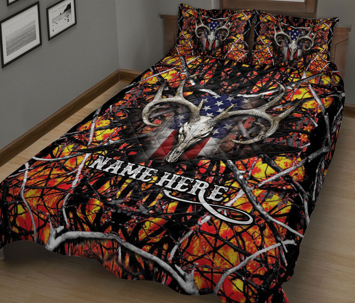 Ohaprints-Quilt-Bed-Set-Pillowcase-Deer-Hunter-Hunting-Orange-Camouflage-Pattern-Us-Flag-Custom-Personalized-Name-Blanket-Bedspread-Bedding-2693-King (90'' x 100'')